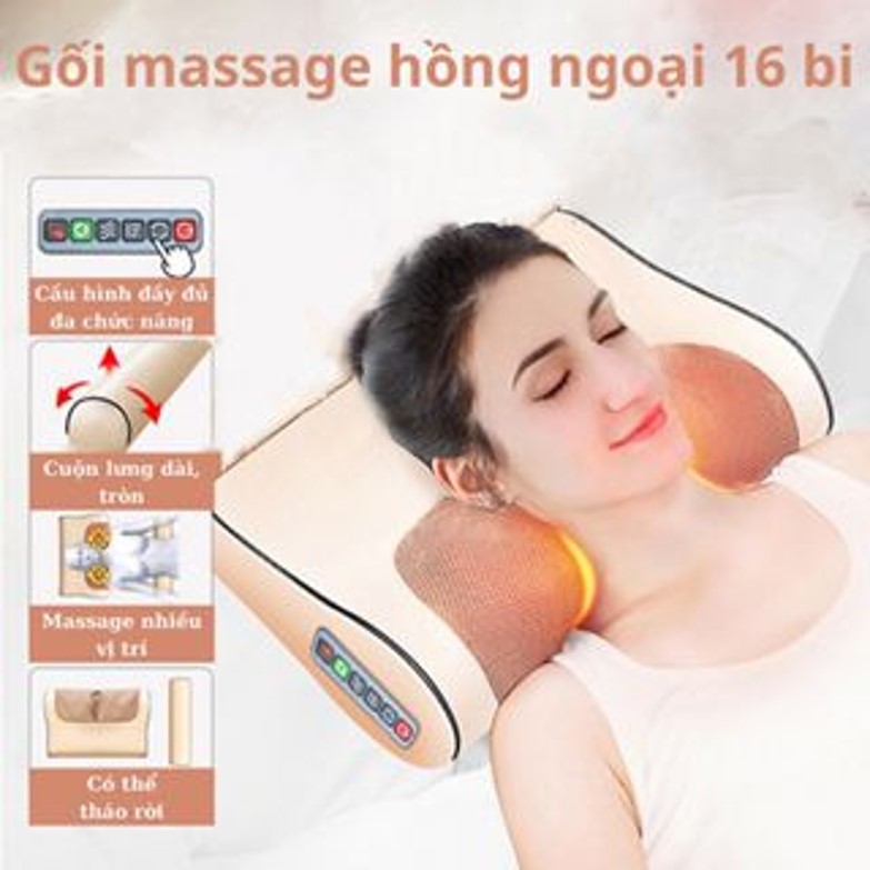 Gối massage cổ vai gáy, máy massage hồng ngoại 20 bi cao cấp