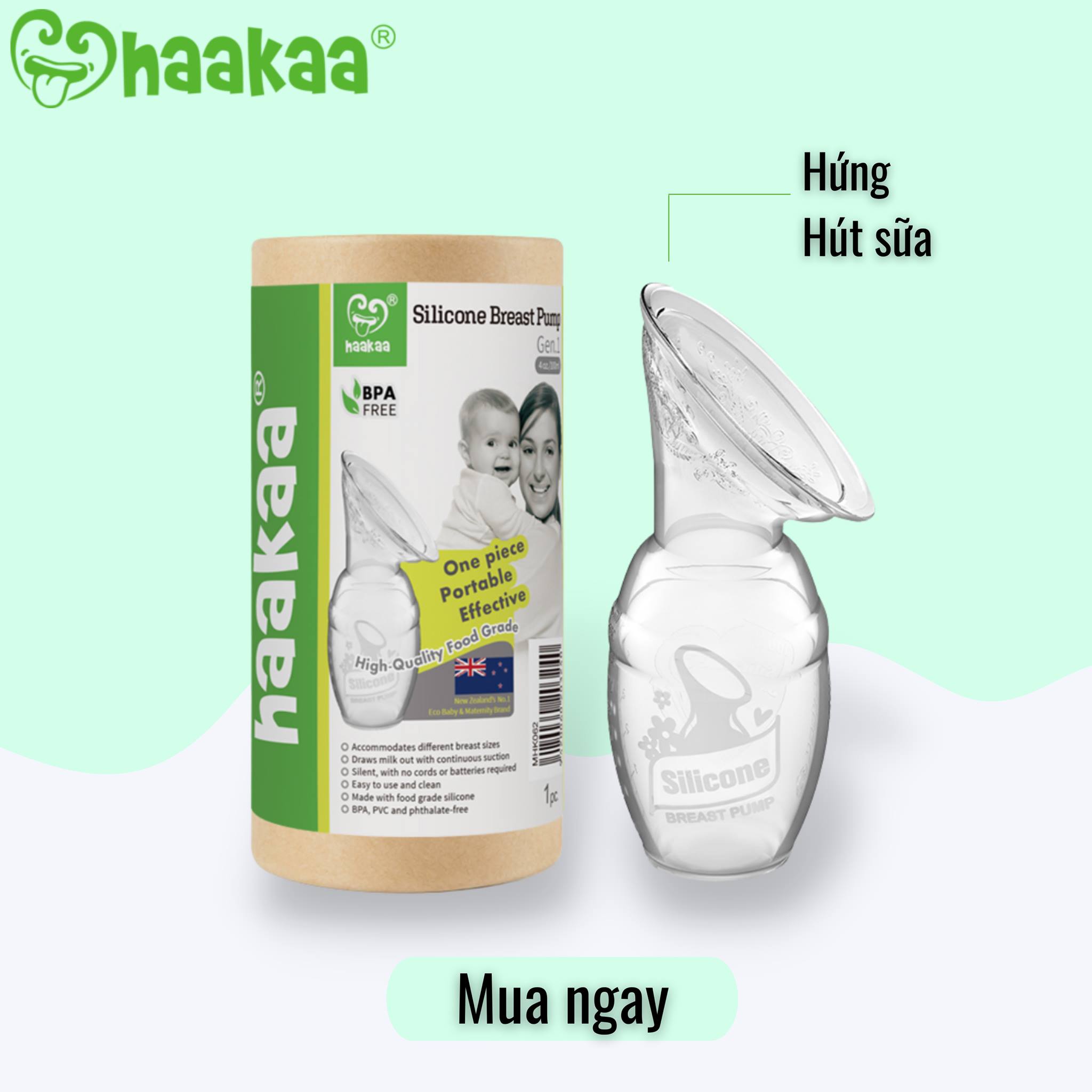 Cốc hứng sữa Gen.1 100ml Haakaa. Chất liệu silicone cao cấp, an toàn. Không chứa BPA, PVC và phthalate. Hút sữa, hứng sữa rảnh tay