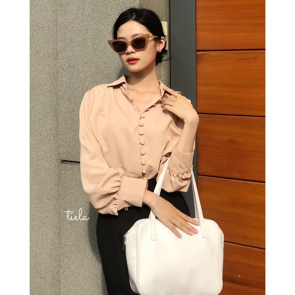 Áo sơ mi công sở nữ đẹp kiểu Hàn Quốc Form rộng tay dài nút vải chất lụa cao cấp màu TRẮNG HỒNG XANH BE - TIELA