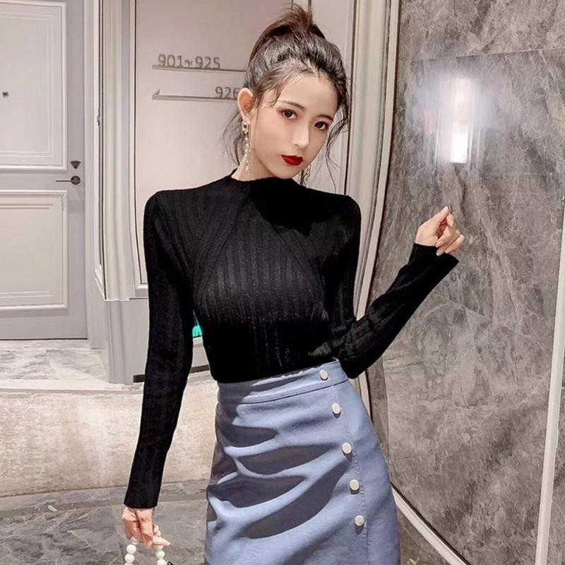 Áo Sweater dệt kim cổ lọ tay dài thiết kế ôm sát tôn dáng