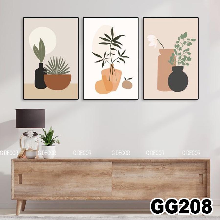 Tranh treo tường canvas 3 bức phong cách hiện đại Bắc Âu 99, tranh bình hoa trang trí phòng khách, phòng ngủ, phòng ăn