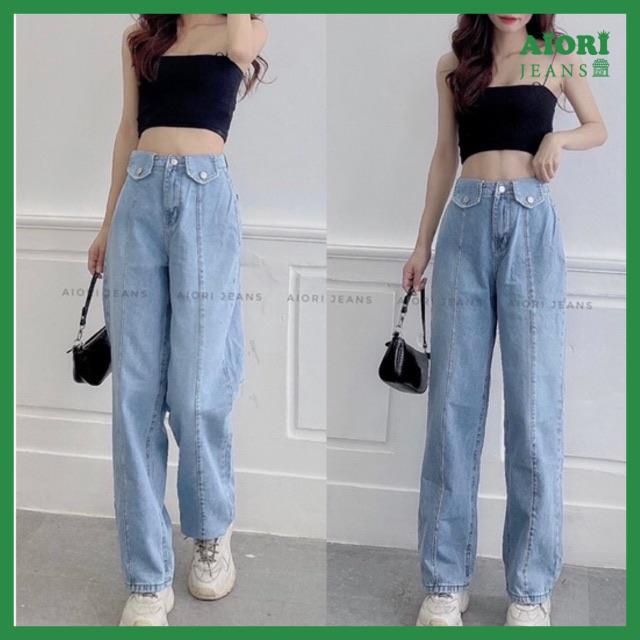 Quần Jeans Bò Nữ Aiori Ống Rộng Cạp Cao Nắp Túi Kiểu Bò Suông Phong Cách Thời Trang Hàn Quốc_3357