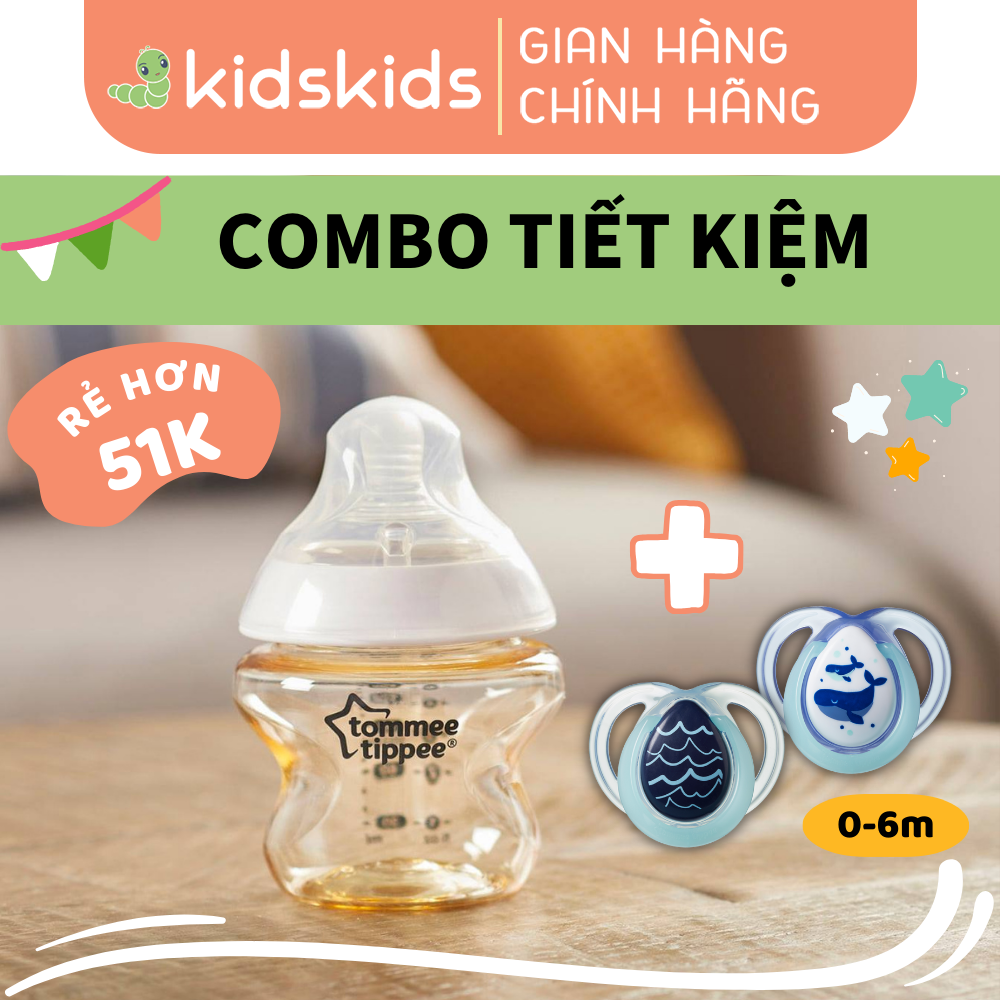 COMBO Ty Ngậm Dạ Quang Cho Bé Tommee Tippee Night Time 0-6m & Bình Sữa PPSU Ty Siêu Mềm Tự Nhiên 150ml