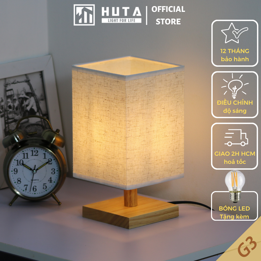 Đèn Ngủ HUTA Light For Life G3 Chao Vuông Độc Đáo Vingtage, Decor Trang Trí Phòng Ngủ, Điều Chỉnh Độ Sáng, Bóng Led Sáng Vàng Tiết Kiệm Điện