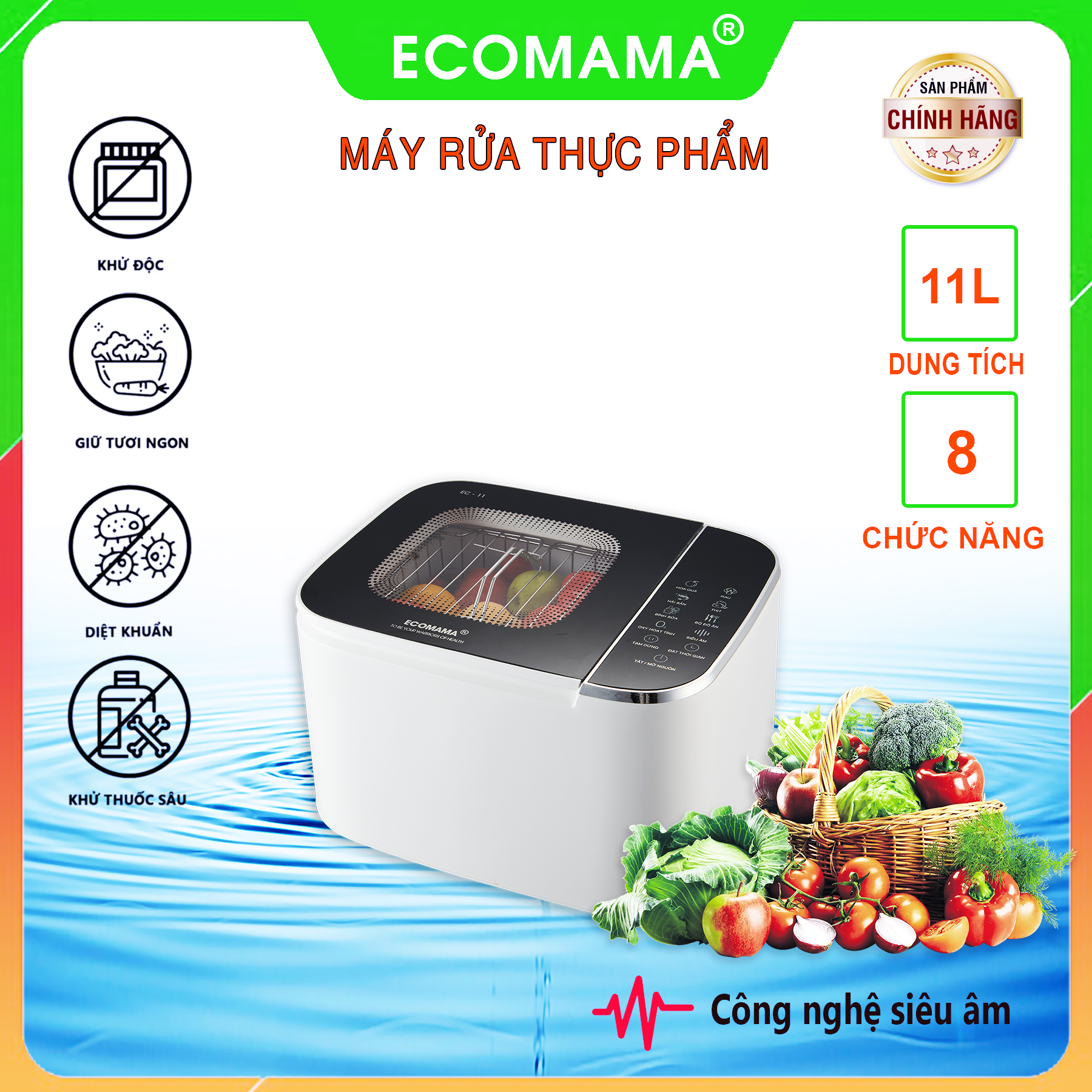 Máy Rửa Thực Phẩm ECOMAMA EC11 Công Nghệ Siêu Âm Chính Hãng