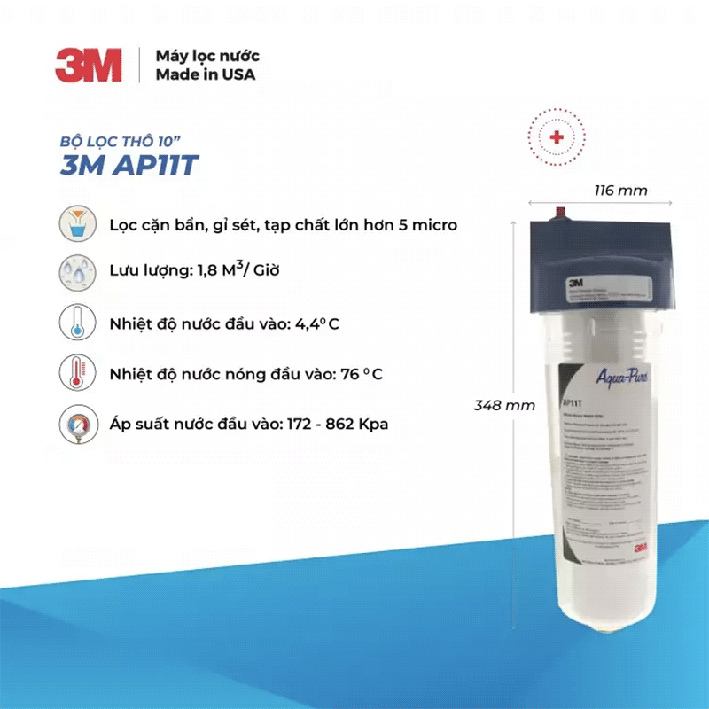 Bộ Lọc Thô 3M AP11T | AP055T Cao Cấp Kèm Lõi 10 inch Không Dùng Điện, Không Nước Thải, Nhập Khẩu Mỹ - Hàng Chính Hãng 3M