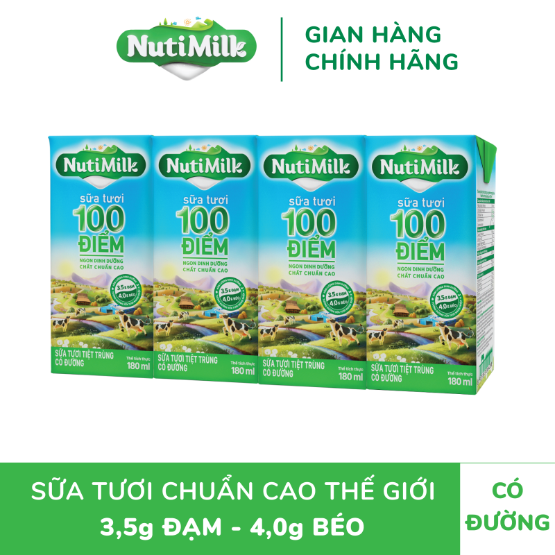 Thùng 48 Hộp NutiMilk Sữa tươi 100 điểm - Sữa tươi tiệt trùng Có đường 180ml TU.STCD180TI NUTIFOOD