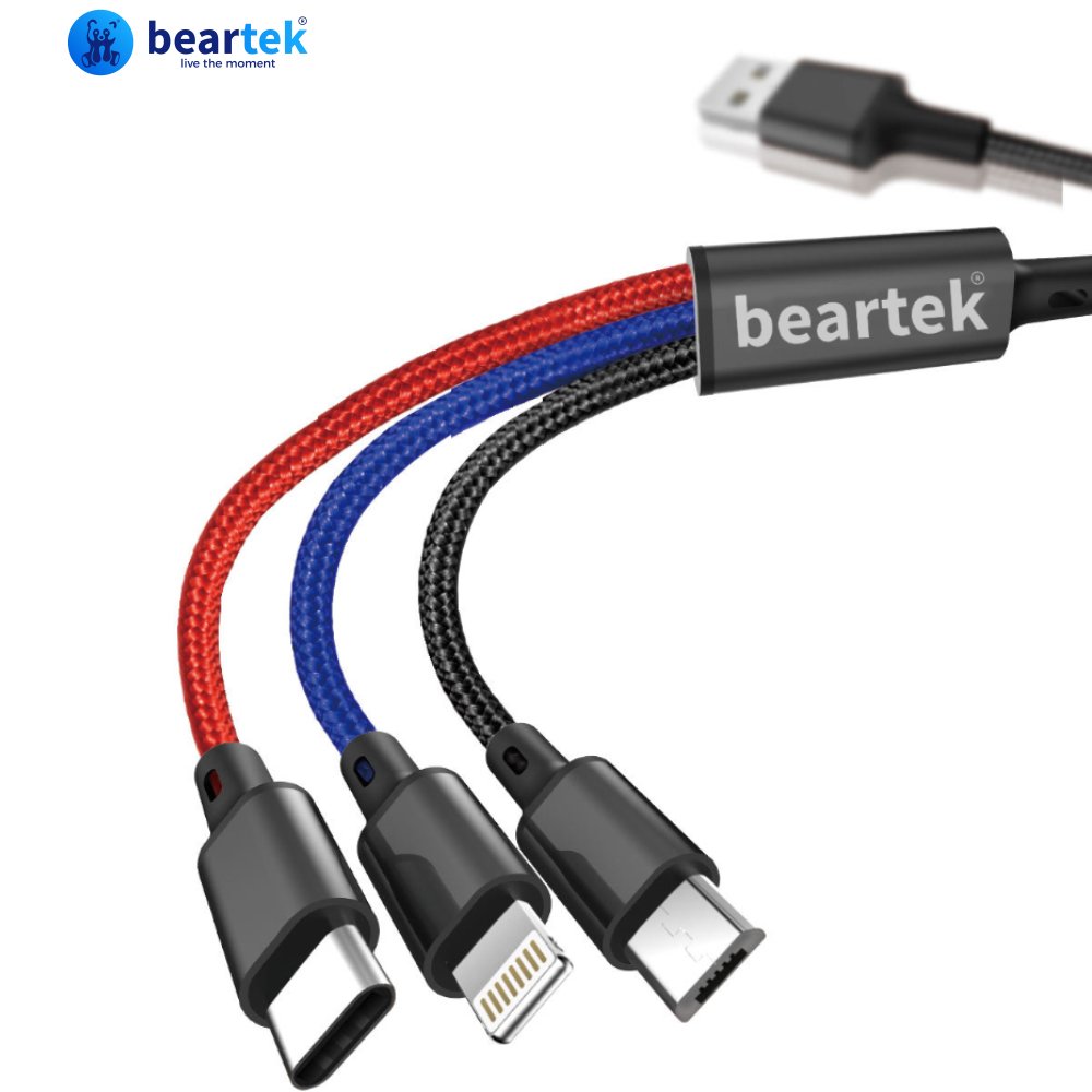 Dây cáp sạc đa năng 3 màu Beartek 3 in 1 Type-C, Micro USB, cho iPhone/ iPad, Smartphone &amp; Tablet Android (3.5A, 1.2M, Fast charge 4 in 1 Cable) – CAP3MAU1 - Hàng nhập khẩu