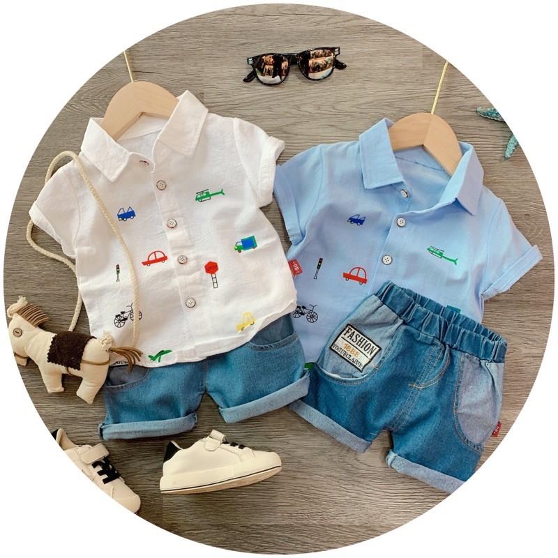 Bộ Áo Sơ Mi ô Tô Mix Quần Soocs Jeans 2 Màu Cho Bé - Nhà Cam