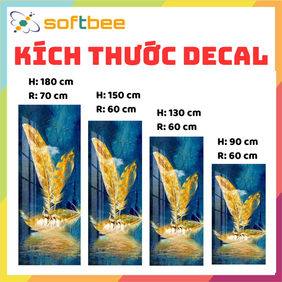 Decal dán tủ lạnh máy giặt in hình lông vũ phông xanh, gồm 4 kích thước chọn lựa, decal không thấm nước, in hình sắc nét
