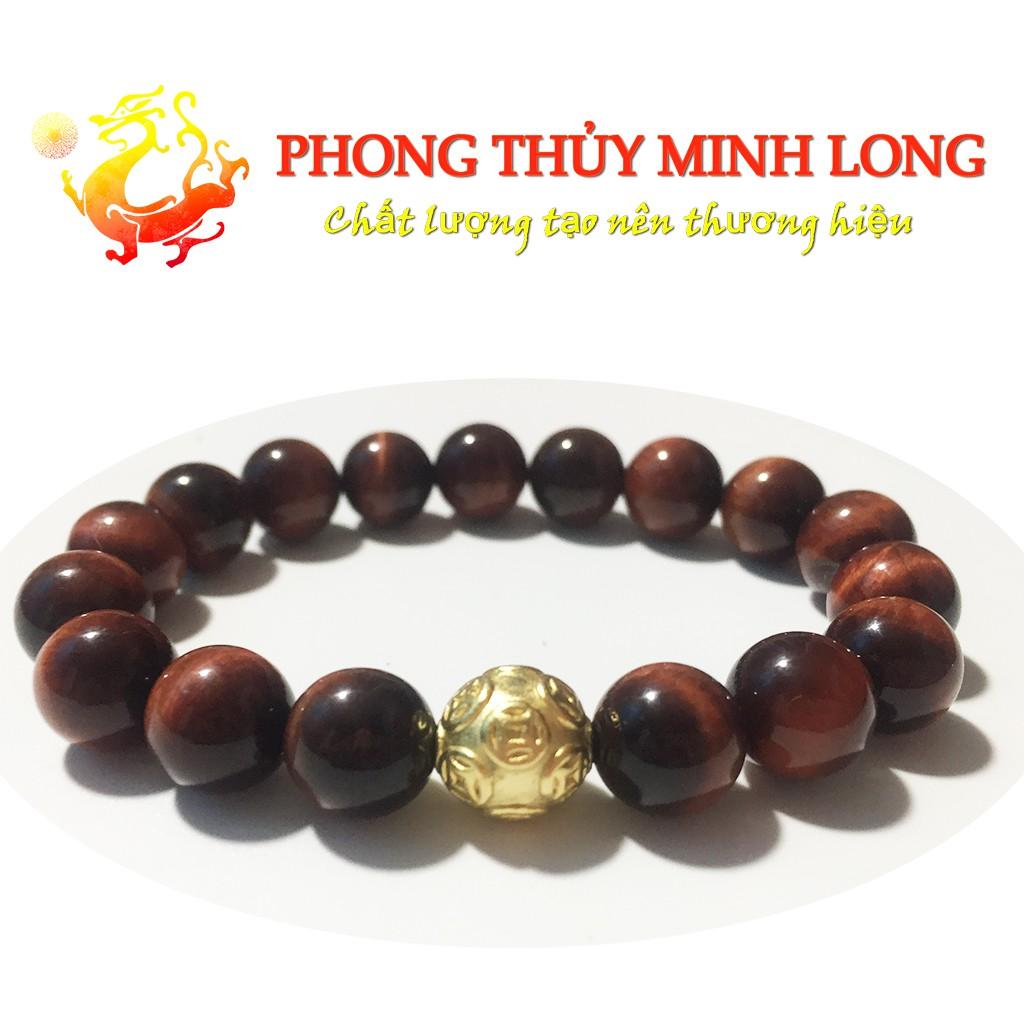 Vòng tay đá mắt hổ Đỏ Nâu chất lượng 5A Mix 1 hạt Kim Tiền Vàng hợp mệnh Hỏa và Thổ