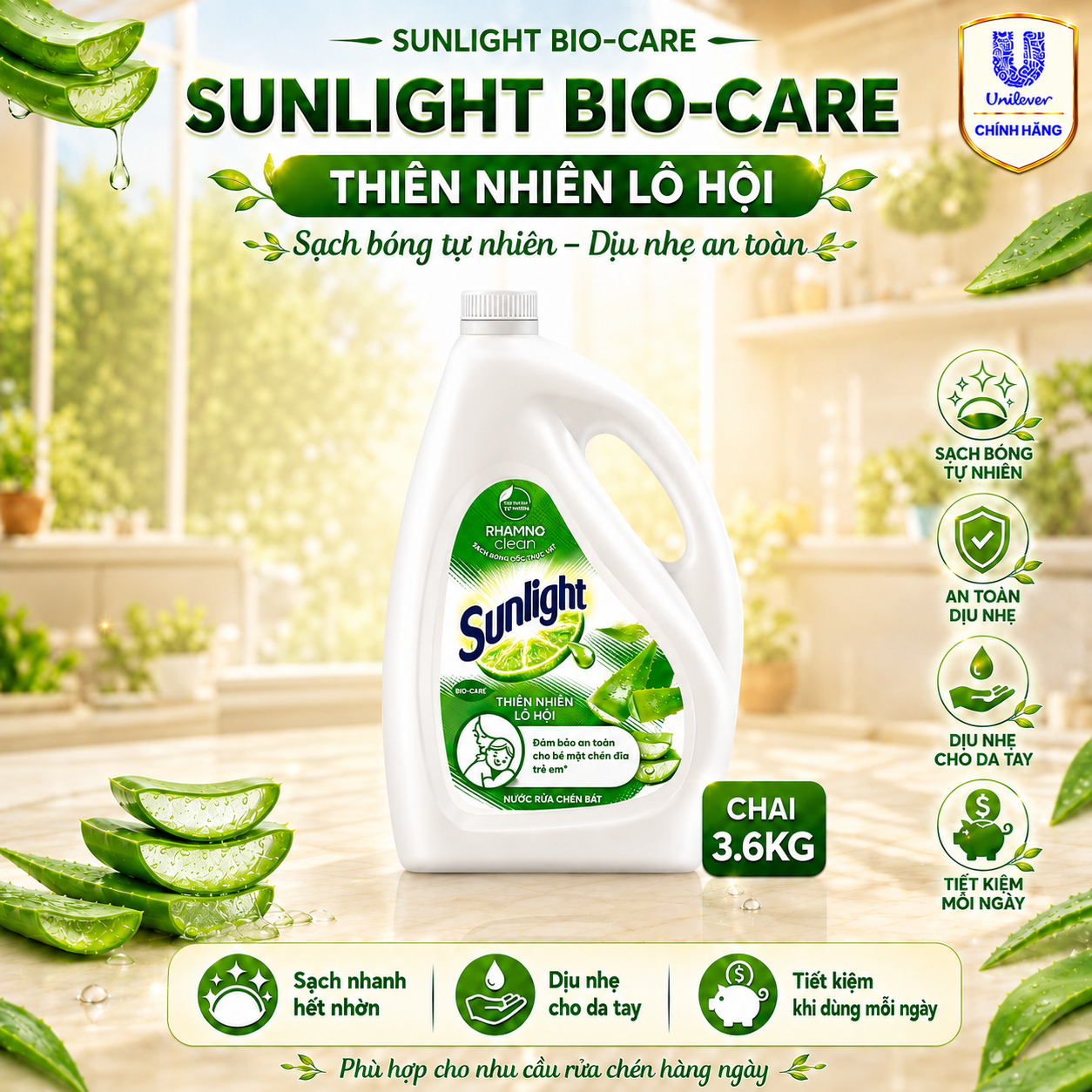 Nước Rửa Chén Sunlight Bio-Care Lô Hội Dạng Can, Sạch Dầu Mỡ Cho Gia Đình Dùng Hằng Ngày 3.6kg
