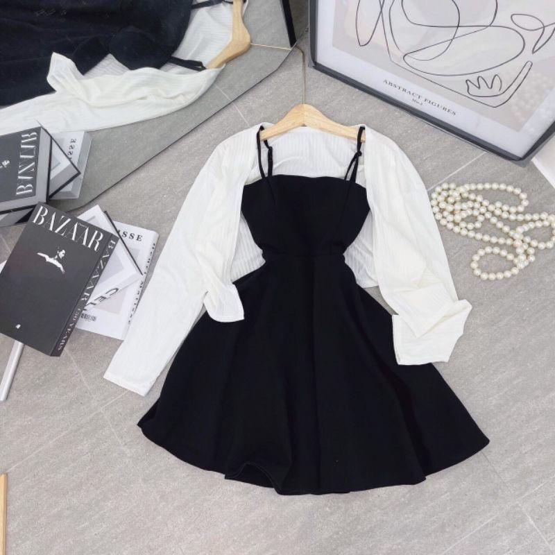 Sét Váy 2 Dây + Cardigan Thun Tăm Ulzzang Hàn Quốc, Sét Đầm Nữ Cực Xinh Mặc 2 Kiểu