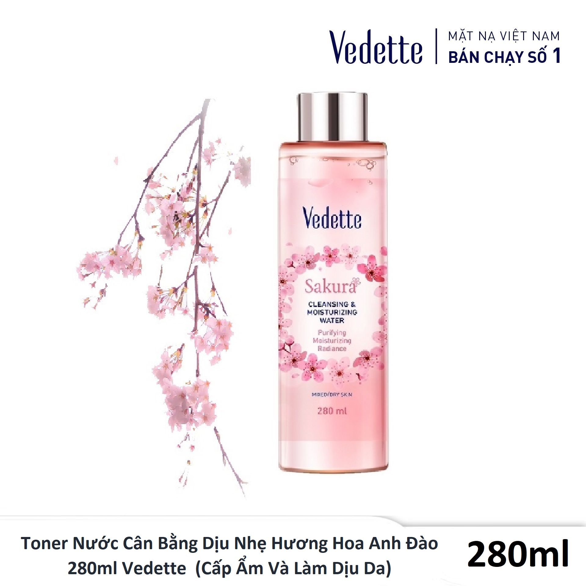 Toner Nước Cân Bằng Dịu Nhẹ Hương Hoa Anh Đào 280ml Vedette - Cấp Ẩm Và Làm Dịu Da