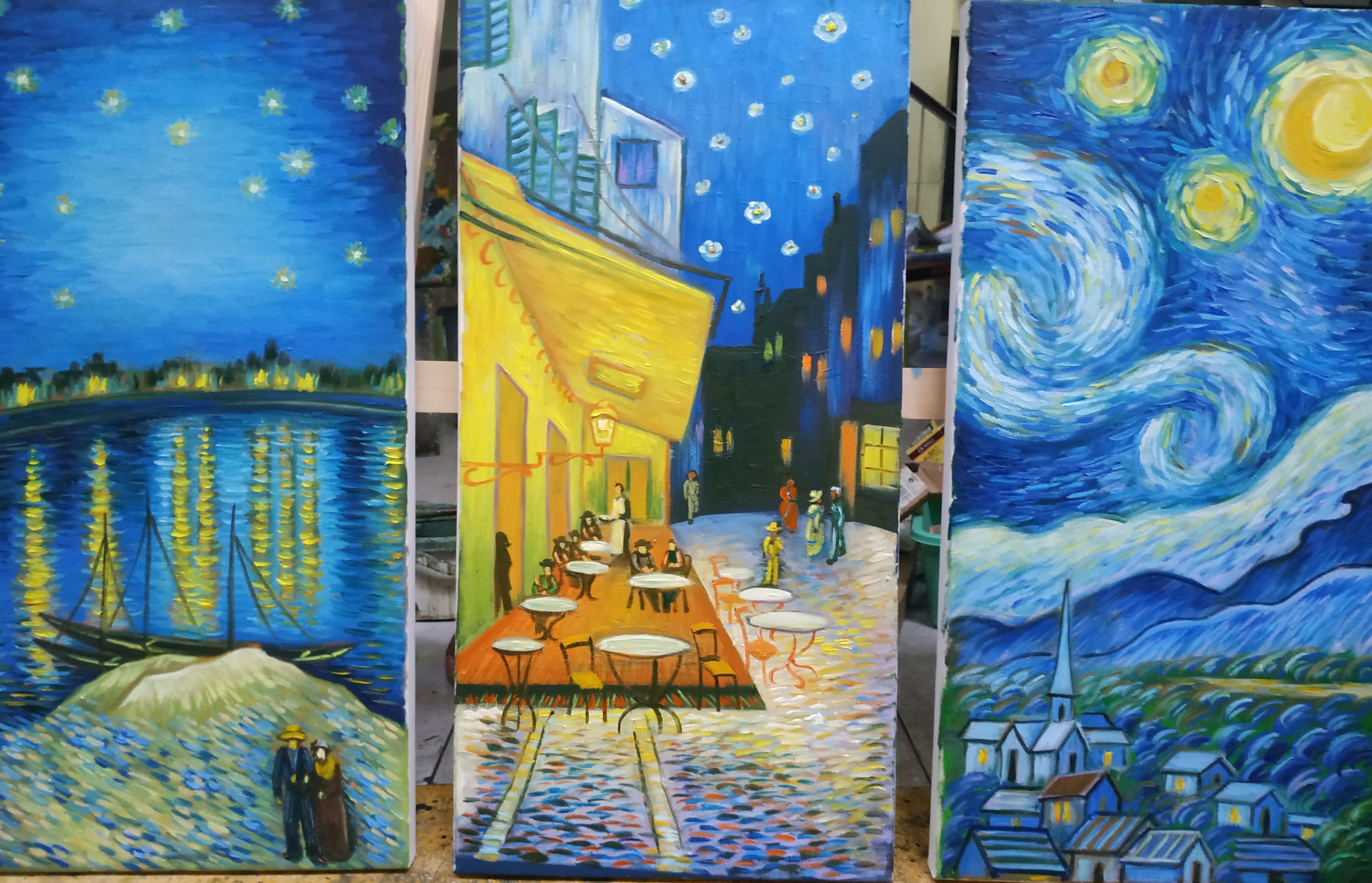 Cafe Và Đêm Sao - Bộ 3 Tranh Sơn Dầu Vẽ tay