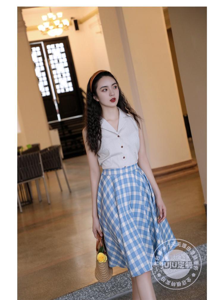 TOBE1SHOP Mùa hè năm 2025, váy kẻ caro màu xanh lá cây, váy chữ A, kiểu Pháp, thắt lưng, váy xòe, nữ tính.