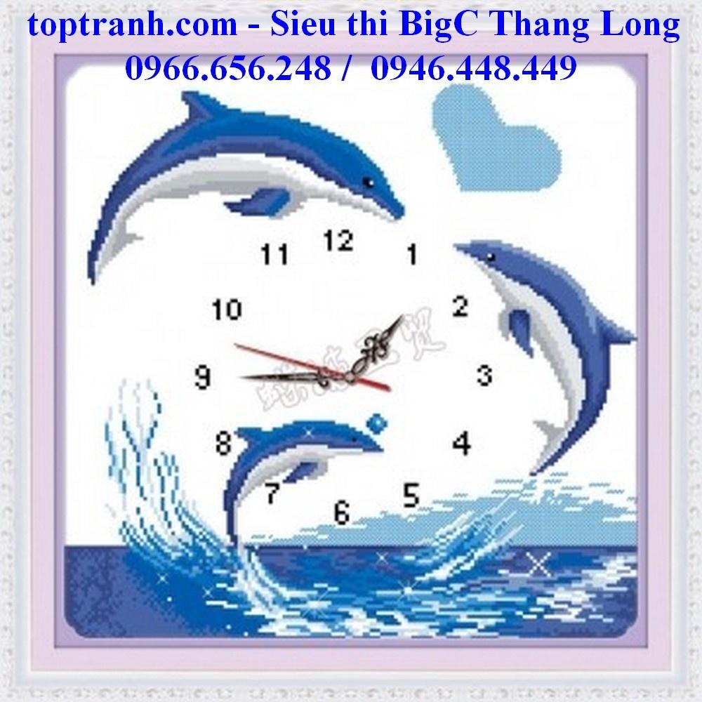 Tranh thêu chữ thập đồng hồ cá heo may mắn A474 ( chưa thêu) tranh thêu nhỏ và dễ thêu