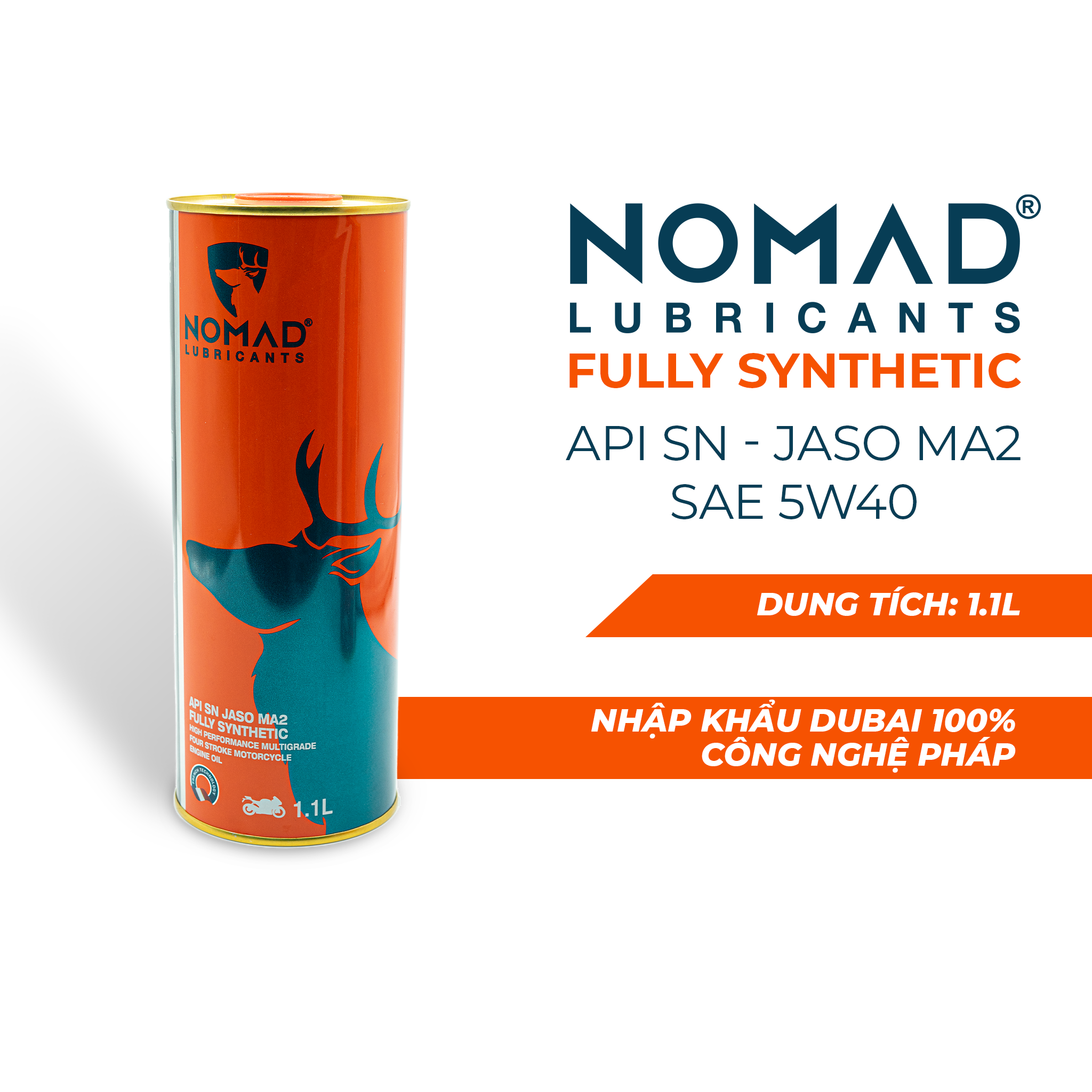 Nhớt Xe Máy Tổng Hợp Toàn Phần NOMAD Lon 1.1L 5W40-SN-MA2 Cho Xe Côn Tay Winner/Exciter/Sonic/ Mô tô PKL Nhập Khẩu Chính Hãng (xanh dạ quang)