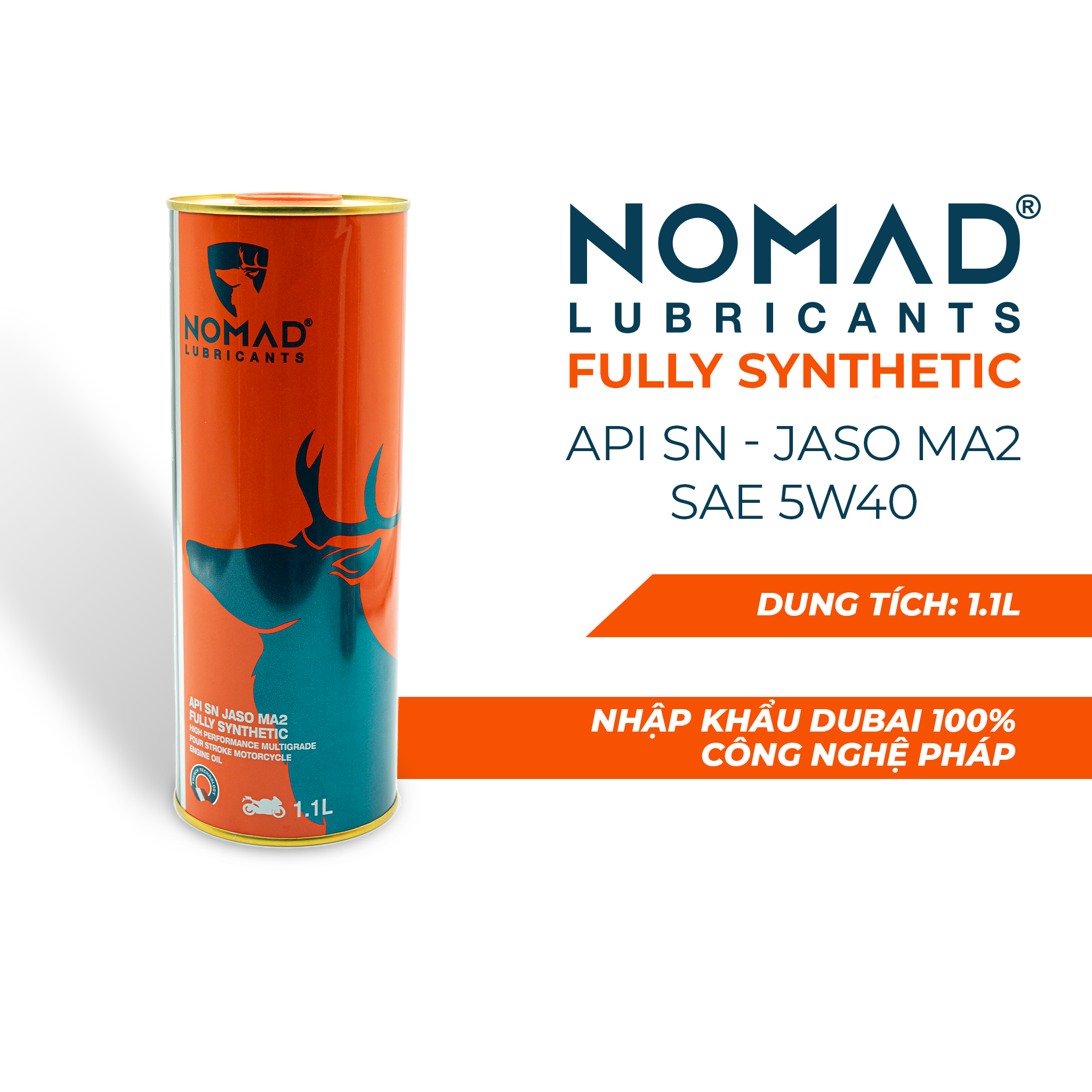 Nhớt tổng hợp toàn phần 100% NOMAD - SAE 5W40 - API SN - JASO MA2 – 1.1L - Dầu nhớt xe máy nhập khẩu Dubai