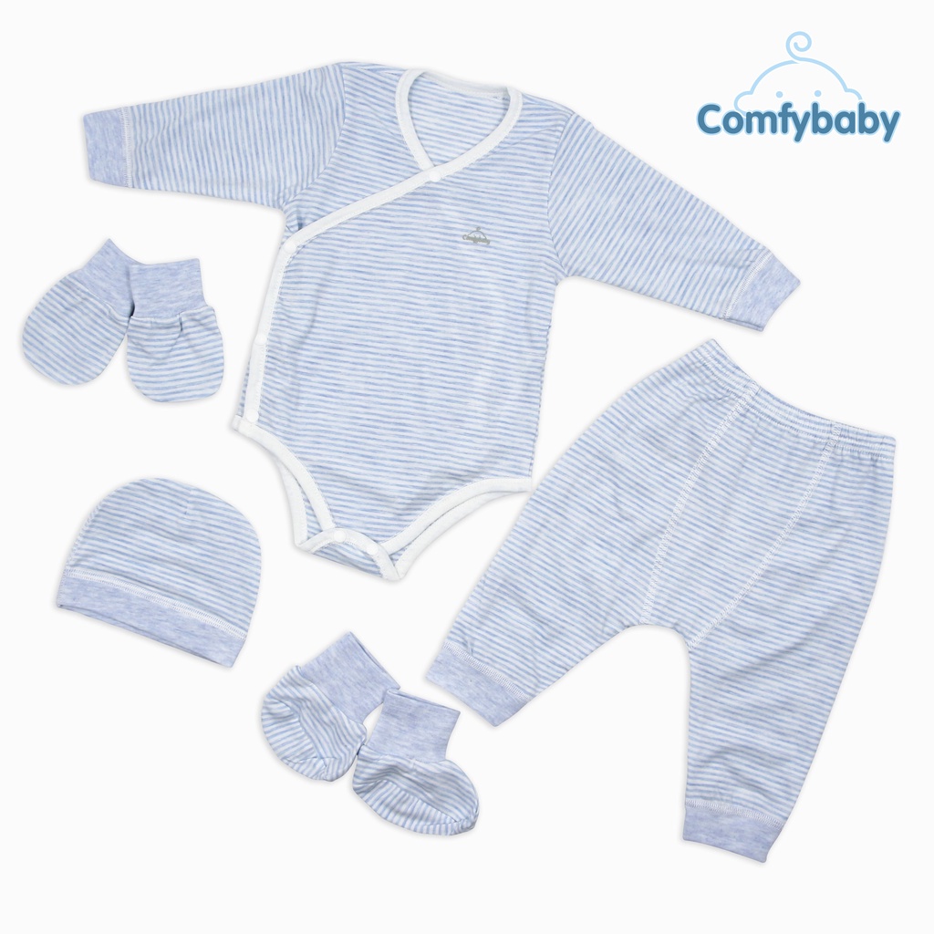 Set Bodysuit giữ ấm sơ sinh 5 món ComfyBaby kẻ sọc màu xanh - 100% Cotton- chính hãng