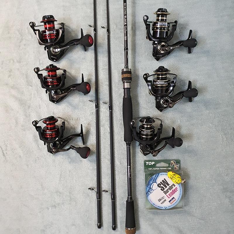 Bộ Cần Câu Lure máy đứng HUNTING BLACK 2 Ngọn MH và H kèm máy câu AC, FS tặng dù và nhái hơi giá rẻ