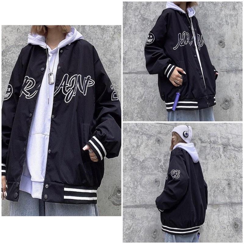 Khoác bomber chữ ARAFNP cúc bấm unisex.