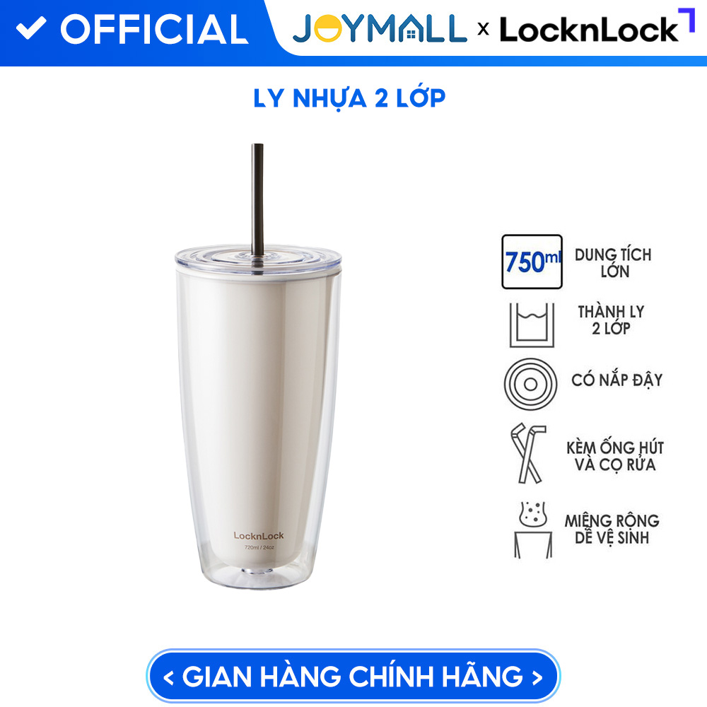 Ly nhựa 2 lớp Lock&Lock màu trắng ngà HAP507IVY 750ml - Hàng chính hãng, có ống hút, có nắp đậy - JoyMall