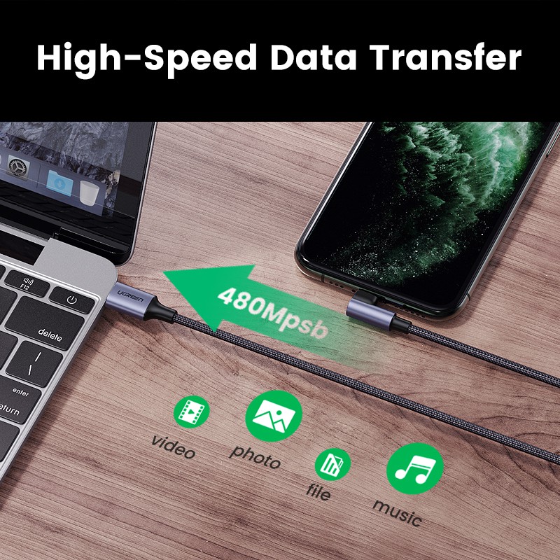 Dây cáp UGREEN bện nylon dạng góc 90 độ MFI cổng USB-C sang IP hàng chính hãng