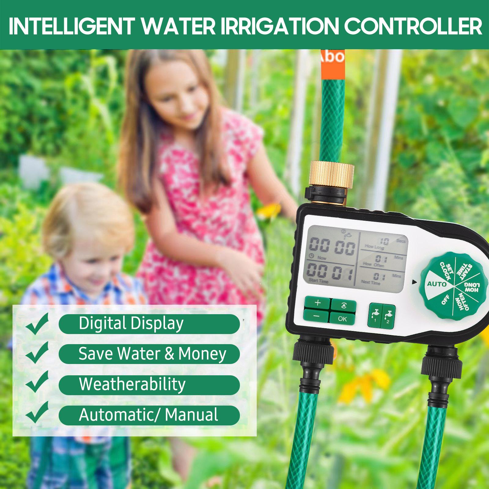 Digital Automatic Watering Timer with 2 Hose Connectors Programmed Garden Irrigation Timer Faucet Sprinkler Intelligent Irrigation Controller for Lawn Farmland Courtyard Greenhouse