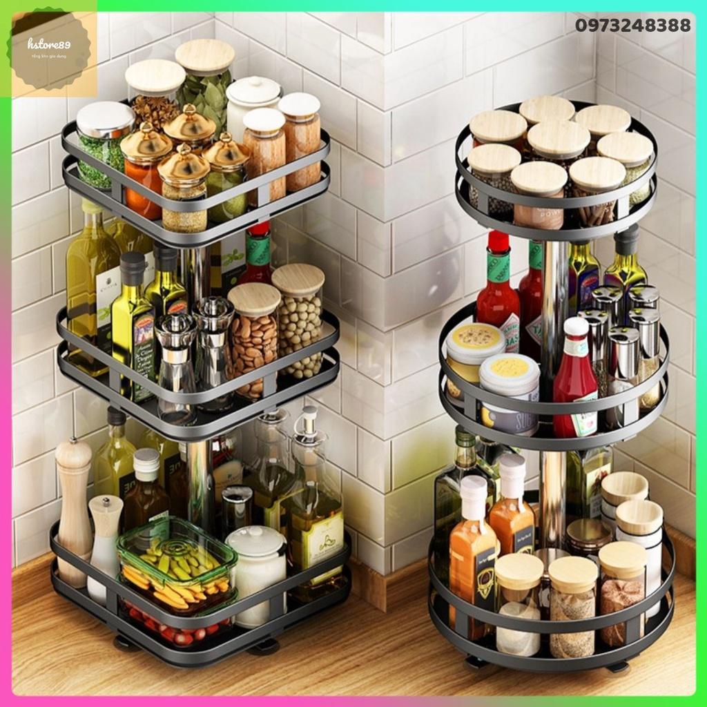 Kệ gia vị xoay , kệ đựng gia vị vuông tròn xoay 360 độ bằng thép sơn tĩnh điện 2 tầng 3 tầng chắc chắn bện đẹp tiện ích