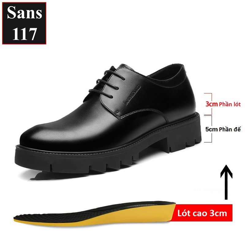 Giày da nam độn đế 10cm Sans117 da bò thật giầy tây công sở tăng chiều cao 8cm không lộ âu đi làm size cỡ nhỏ 37 cao cấp