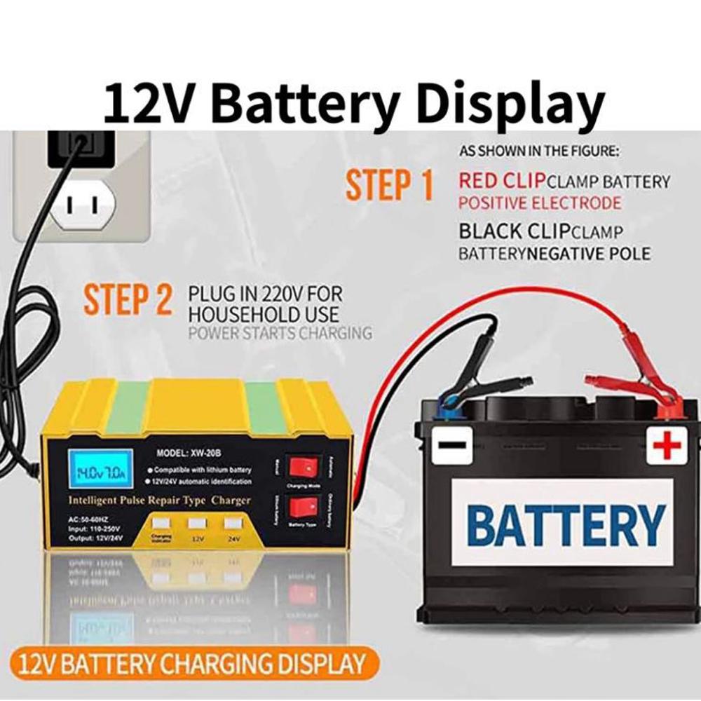 Car Battery Chargers 12V/24V Intelligent Pulse Repairing Charge Device Automotive Battery Trickle Maintainer for Car Truck Motorcycle Battery Leadacid Battery Lithium Battery
