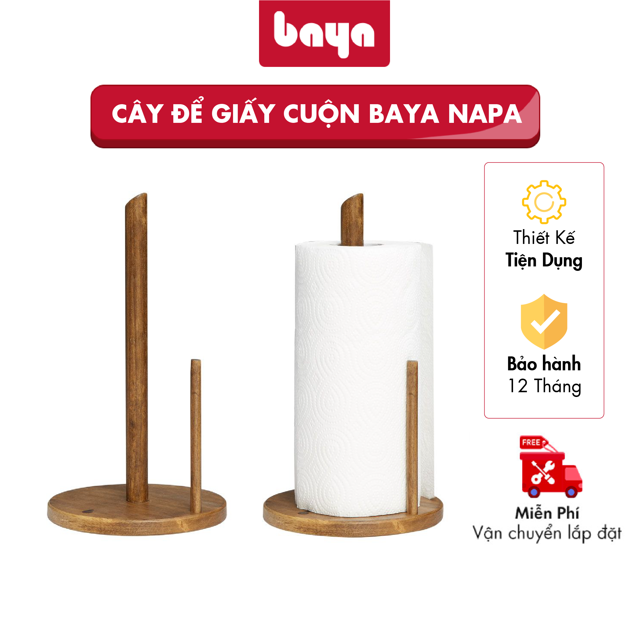 Cây Để Giấy Cuộn BAYA Napa Thiết Kế 2 Trụ Giúp Lấy Giấy Dễ Dàng Chất Liệu Gỗ Cao Su Bền Chắc, Màu Nâu Vân Gỗ Cổ Điển, Kích Thước 16x16x29 Nhỏ Gọn - 1100358