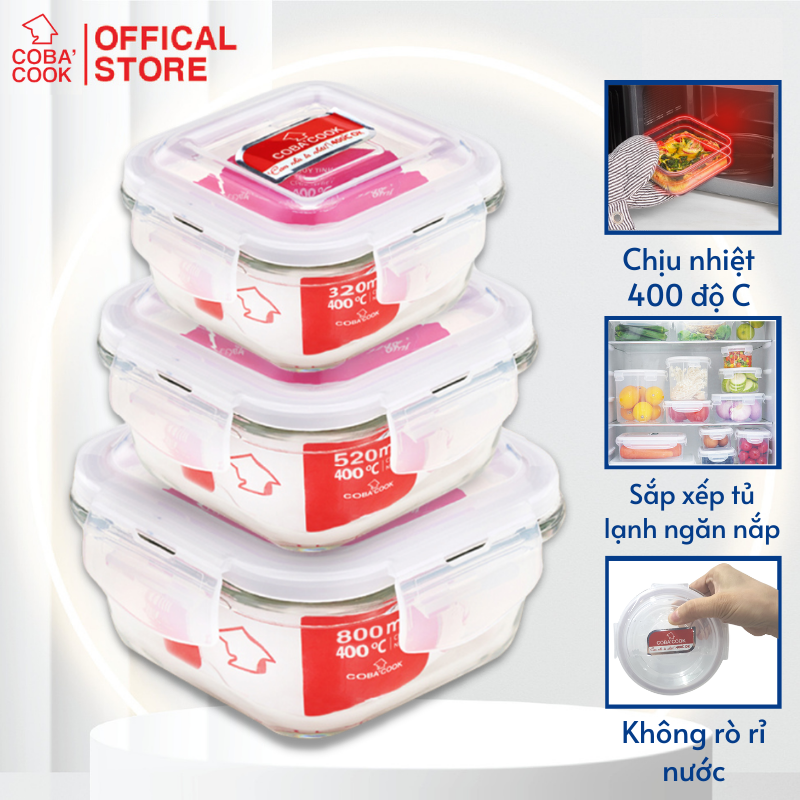 Bộ 3 hộp đựng cơm trữ thức ăn thực phẩm trong tủ lạnh thủy tinh chịu nhiệt COBACOOK hình vuông- CCS3S5S83