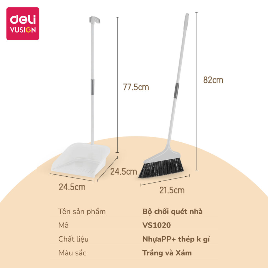 Chổi quét nhà thông minh công thái học đồ hốt rác Deli, Bộ Chổi cán dài Xẻng Ky Hốt rác