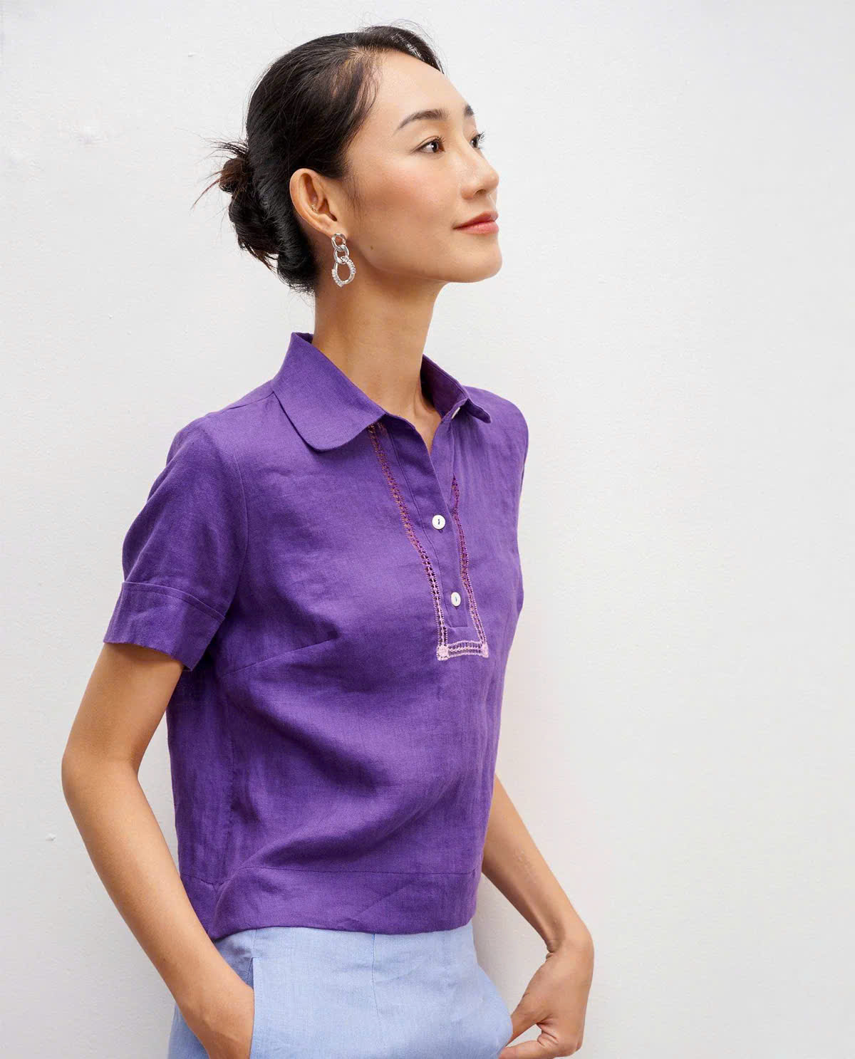 Áo Sơ Mi Nữ Cổ Trụ Tay Ngắn, Áo Sơ Mi Rua Rút Chỉ Linen Tím TOP195 thời trang thiết kế Hity