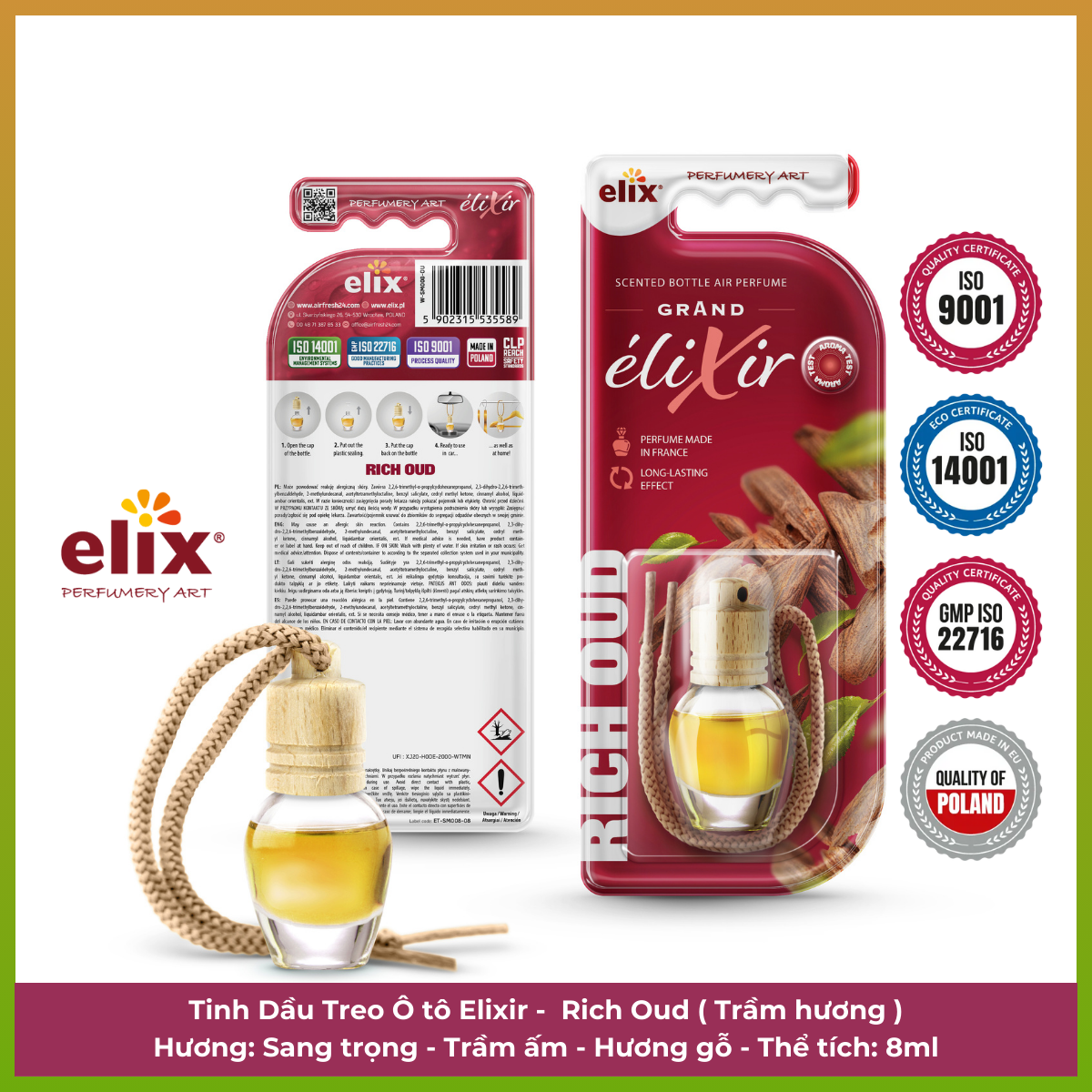 Tinh dầu treo Ô tô Elix - Hương Rich Oud (Trầm hương)