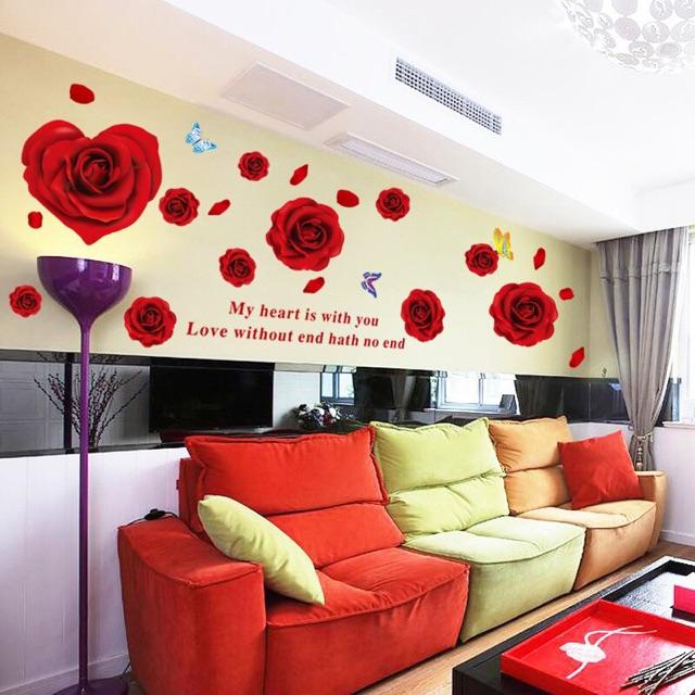 Decal dán tường hoa hồng đỏ 3D