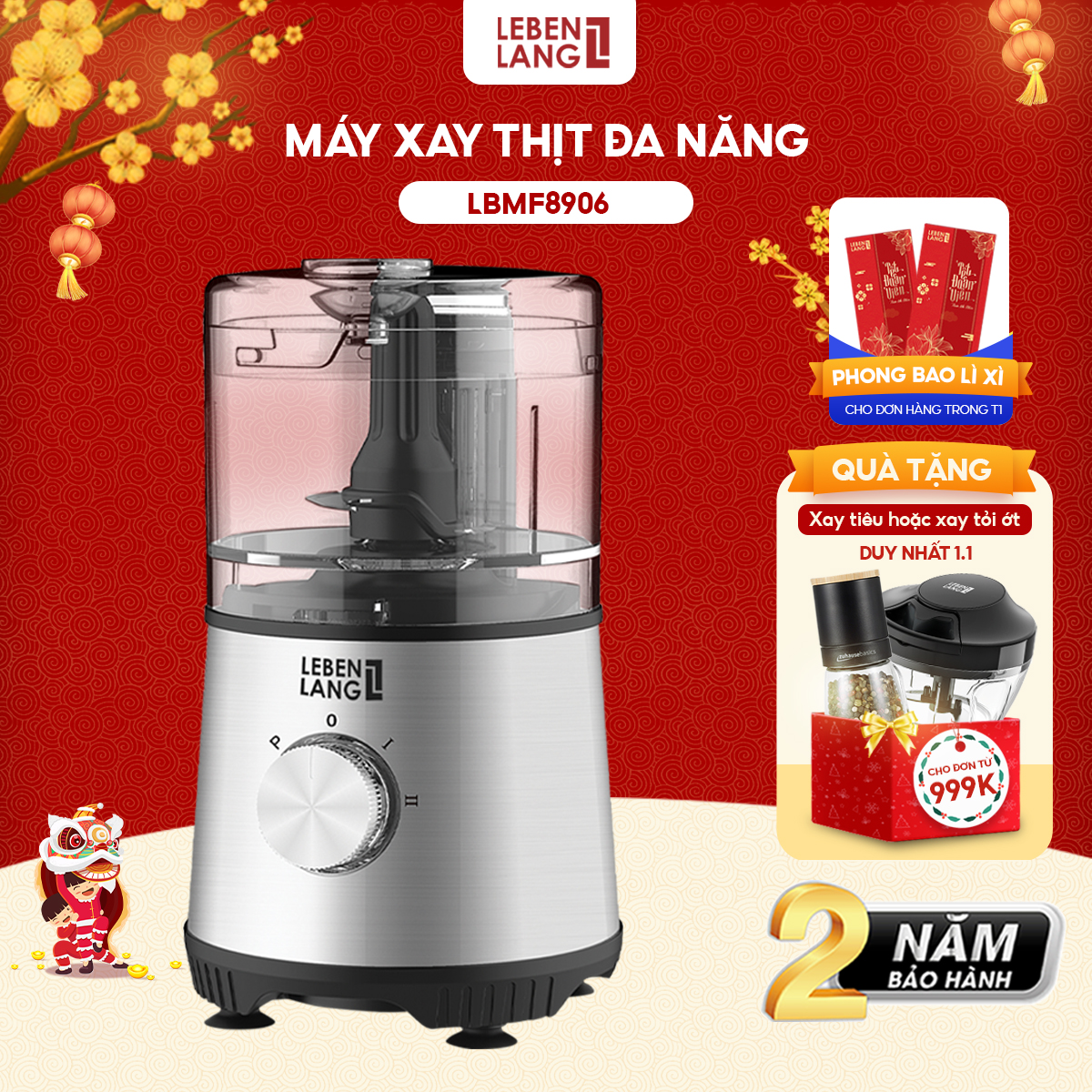 Máy xay thịt đa năng Lebenlang LBMF8906 công suất 400W, dung tích cối xay 500ml, bảo hành điện tử 2 năm - hàng chính hãng