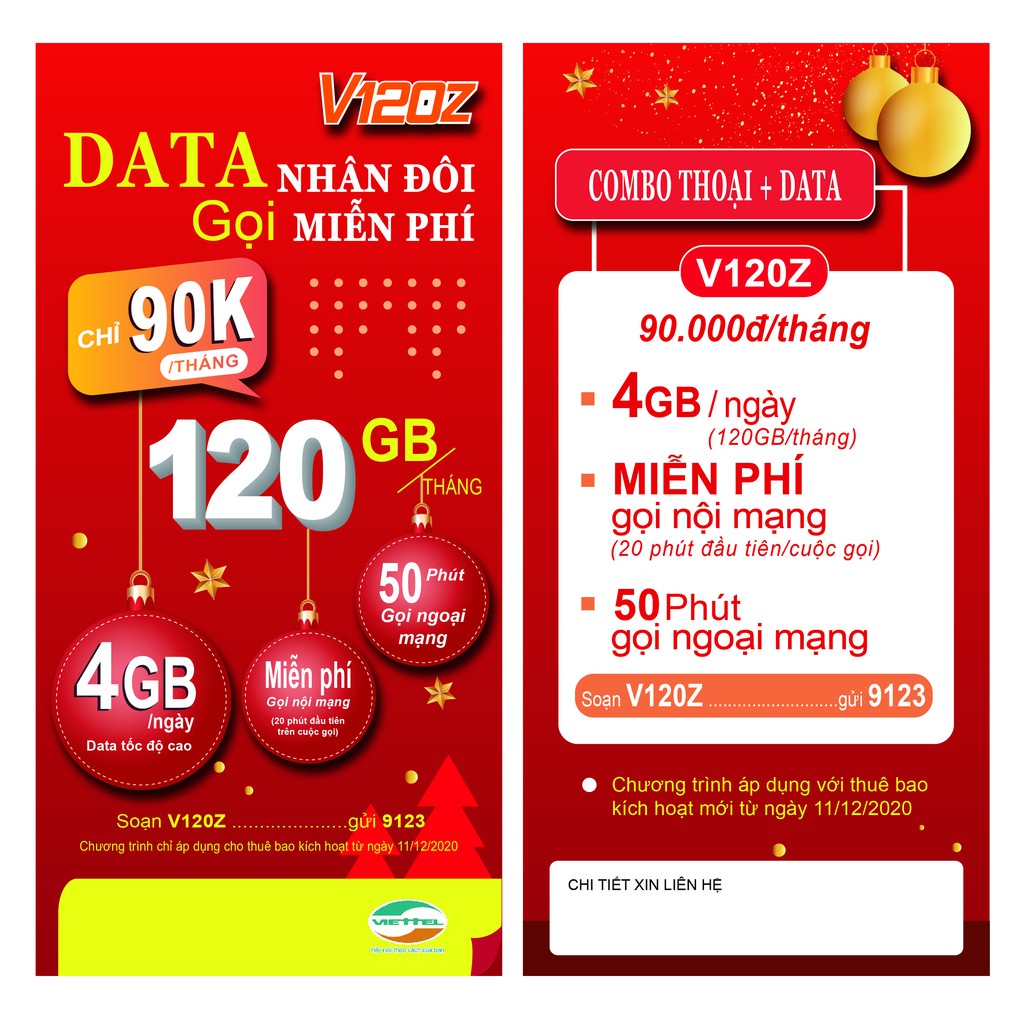 SIM 4G VIETTEL V120Z - MIỄN PHÍ THÁNG ĐẦU - ĐĂNG KÝ ĐÚNG CHỦ ( 90.000/tháng: Có 4Gb/ngày, Gọi nội mạng miễn phí tất cả cuộc gọi dưới 20 phút, ngoại mạng 50 phút miễn phí)