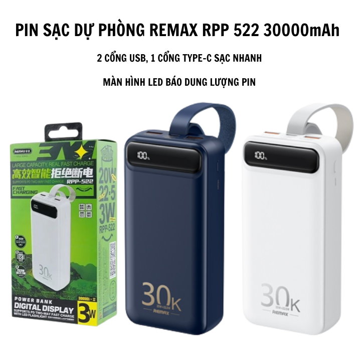 Pin Sạc Dự Phòng Sothing Remax RPP 522 30000mAh 2 Cổng USB, 1 Cổng Type-c Sạc Nhanh PD QC3.0 max 22.5W- Hàng Chính Hãng