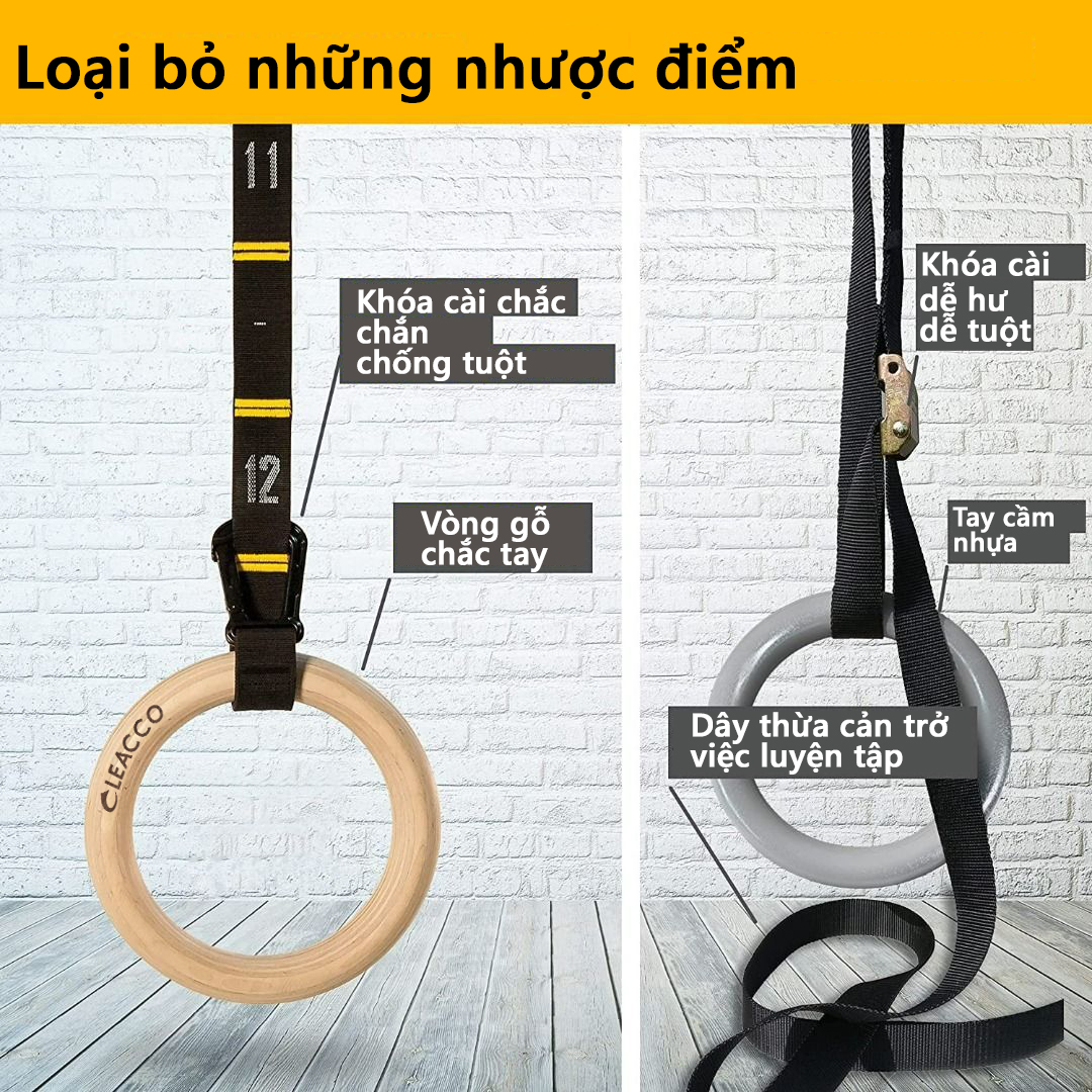 Vòng treo gỗ Gymnastic Rings Cleacco có vạch kẻ số , khóa cài thông minh tiện lợi , chắc chắn treo xà đơn , các bài tập dip rings , street workout , bảo hành 12 tháng - BORO SPORT