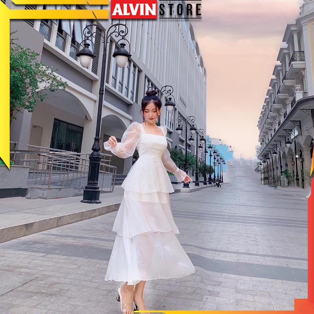 Đầm Xoè Tầng Cổ Vuông Tay Dài Phồng