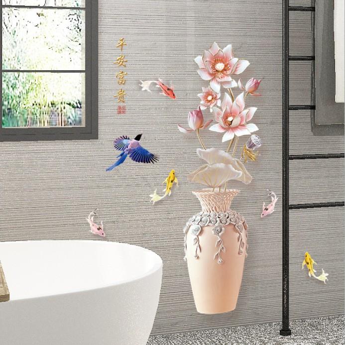 Decal trang trí tường - Chậu và Hoa Sen trắng hồng nhạt 3D mới