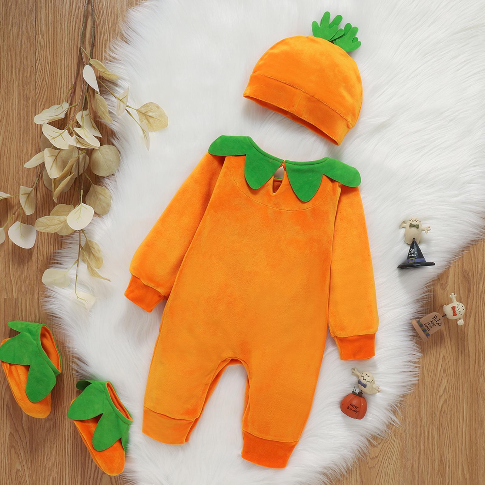 Ma & Bé 0-24M Sơ Sinh Trẻ Sơ Sinh Bé Trai Gái Trang Phục Hóa Trang Halloween Bí Ngô Bé Romper Áo Liền Quần Nhung Liền Mũ giày Trang Phục Quần Áo DD40
