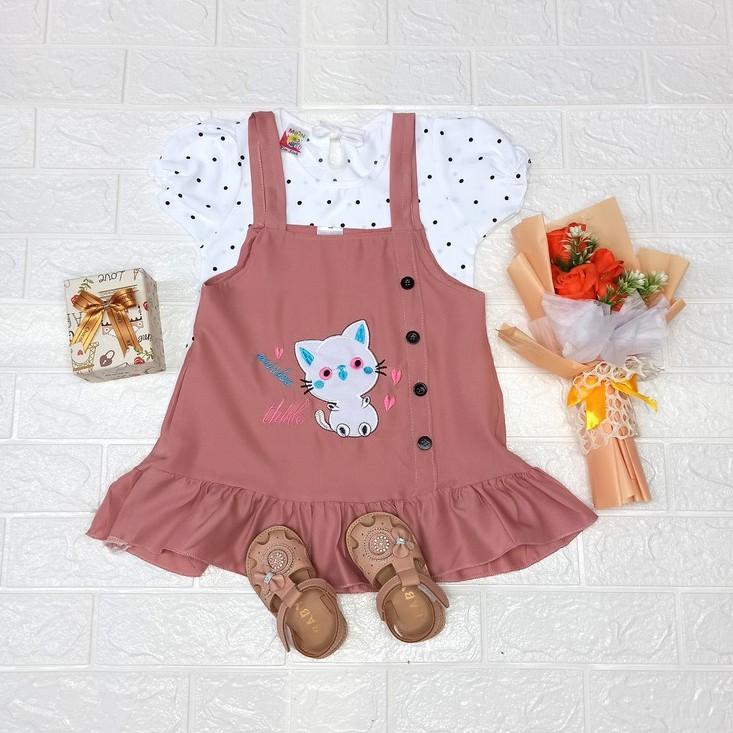 ĐỒ BỘ ĐẦM BÉ GÁI 7-15 kg - Bộ áo voan chấm bi và đầm yếm Mèo Kitty đáng yêu