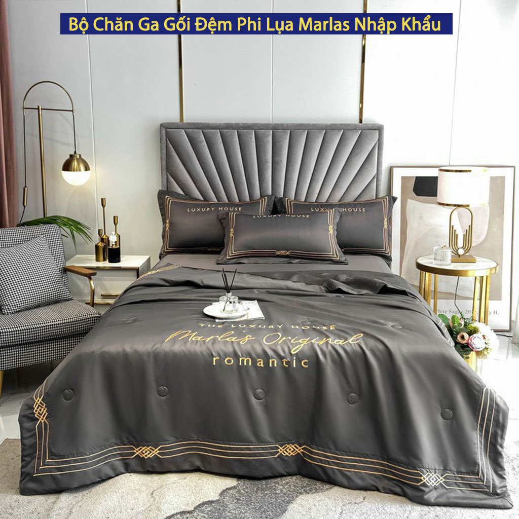 Bộ Chăn Ga Vỏ Gối Đệm Phi Lụa Nhập Khẩu Marlas Bộ Drap Giường Lụa Tencel Cao Cấp Bo Chun Drap Chăn Chần Bông