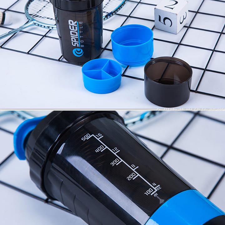 Bình Lắc 3 Ngăn Spider Bottle Dành Cho Gymer, Thể Thao Có Lò Xo Lắc Inox