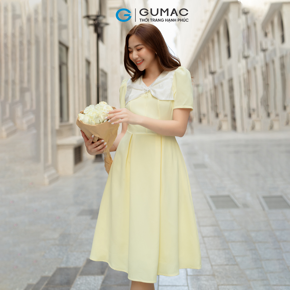 Đầm A cổ phối nơ GUMAC DD05084