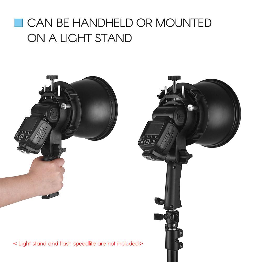 Giá đỡ đèn flash loại S cầm tay + Bộ khuếch tán phản xạ tiêu chuẩn 7 inch 65 độ với giá treo Bowens